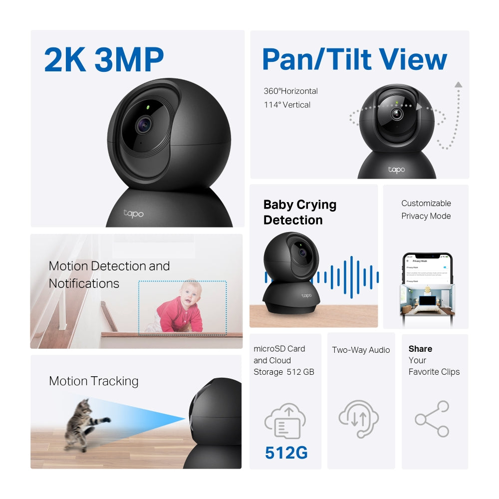 Tapo C211 Pan/Tilt Home Security Wi-Fi Camera – 2K 3MP Smart Indoor Camera with 360° View, Motion Tracking, Night Vision & Privacy Zone