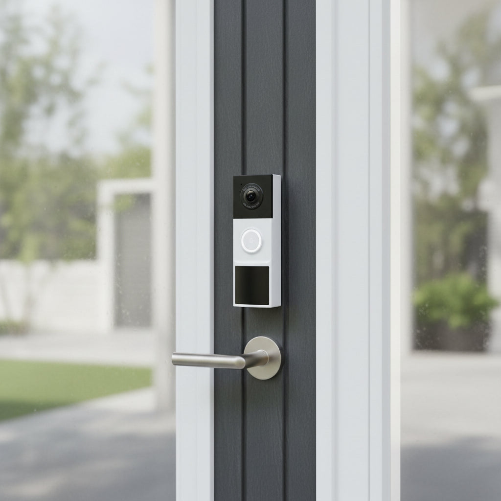 TP-Link Tapo D210 video doorbell camera installed on modern home entrance door