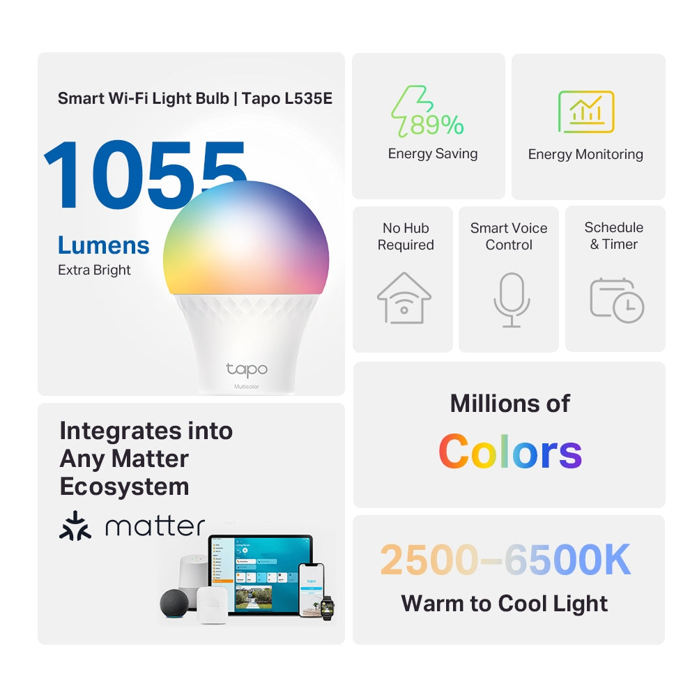 Tapo L535E Smart WiFi Light Bulb – Multicolor RGB Dimmable LED Bulb with App & Voice Control