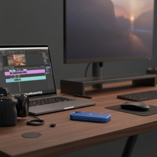 SanDisk Creator Pro Portable SSD on professional creator workspace desk.

1TB 2TB 4TB