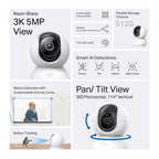 Tapo C230 Pan/Tilt AI Home Security Wi-Fi Camera – 3K 5MP Smart Indoor Camera with 360° Coverage, AI Detection, Motion Tracking & Color Night Vision