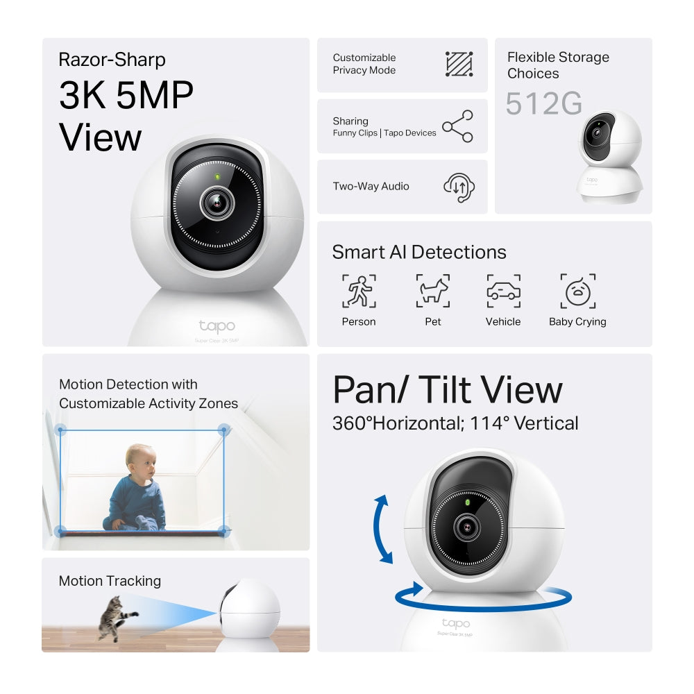 Tapo C230 Pan/Tilt AI Home Security Wi-Fi Camera – 3K 5MP Smart Indoor Camera with 360° Coverage, AI Detection, Motion Tracking & Color Night Vision