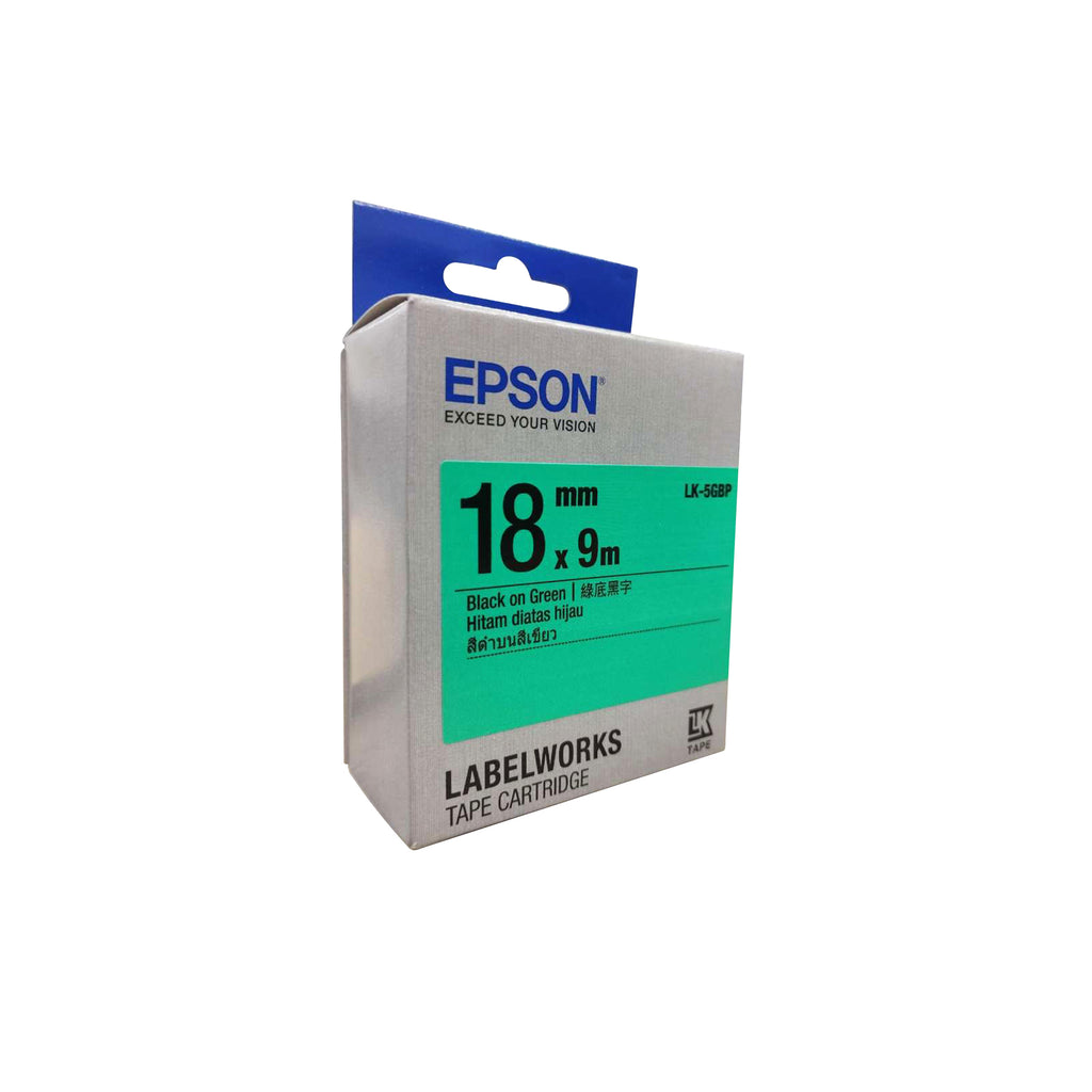 Epson LK-5GBP 18mm Black on Green Label Tape – Durable Laminated LabelWorks Tape for Industrial & Office Labeling