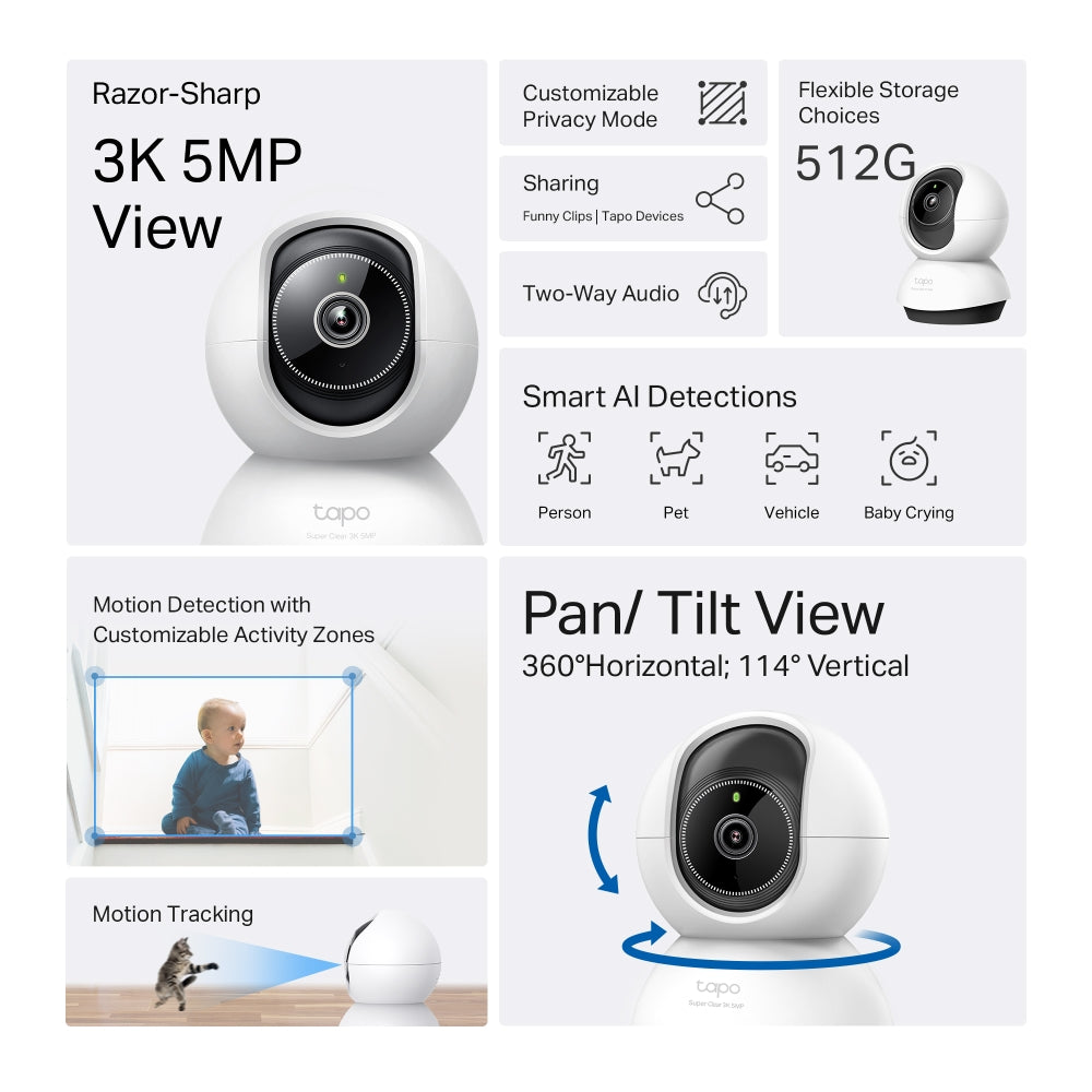 Tapo TC74 Pan/Tilt AI Home Security Wi-Fi Camera – Smart Motion Tracking Indoor Surveillance Camera