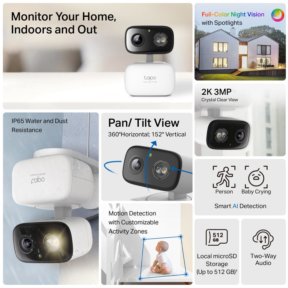 Tapo C216 Indoor/Outdoor Home Security Wi-Fi Camera – 2K 3MP Smart Pan/Tilt Camera with AI Detection, Color Night Vision, 360° Coverage & IP65 Weatherproof Design