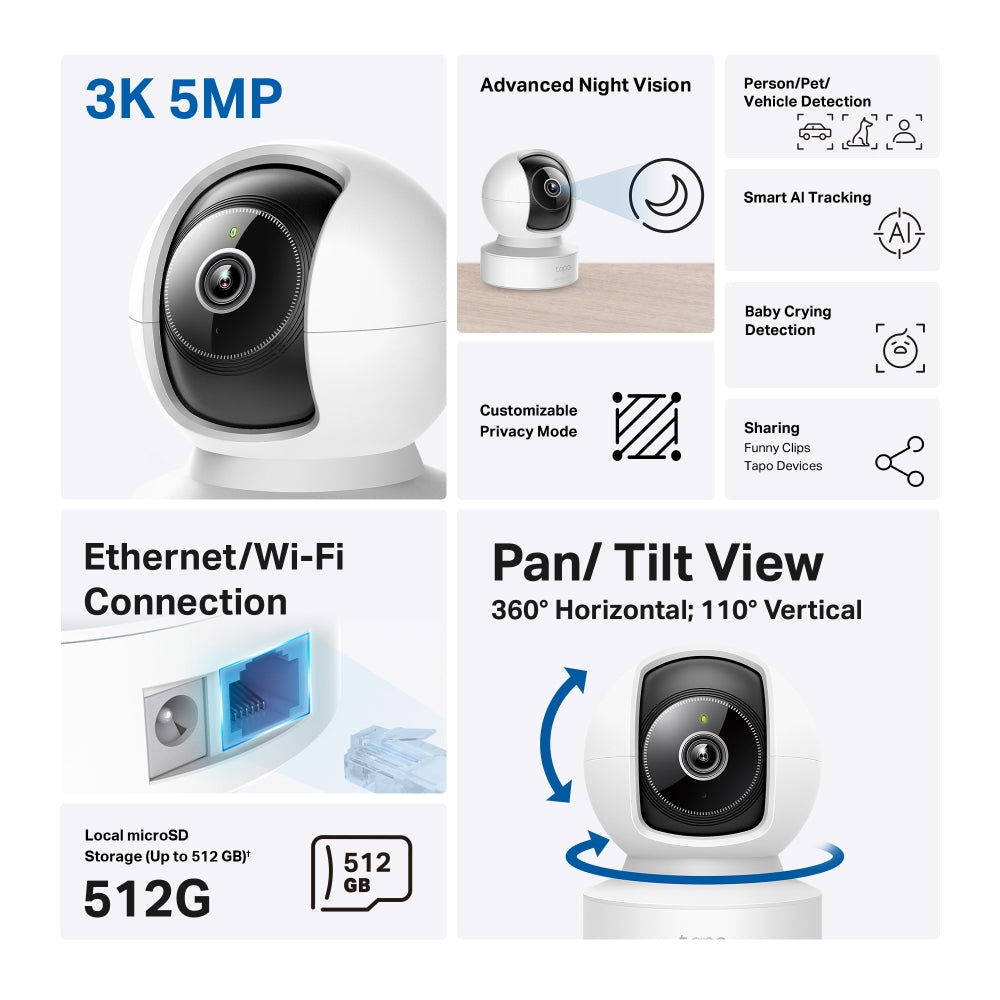 Tapo C232 Pan/Tilt AI Home Security Wi-Fi Camera – 3K 5MP Smart Indoor Camera with 360° Coverage, AI Detection, Motion Tracking & Color Night Vision