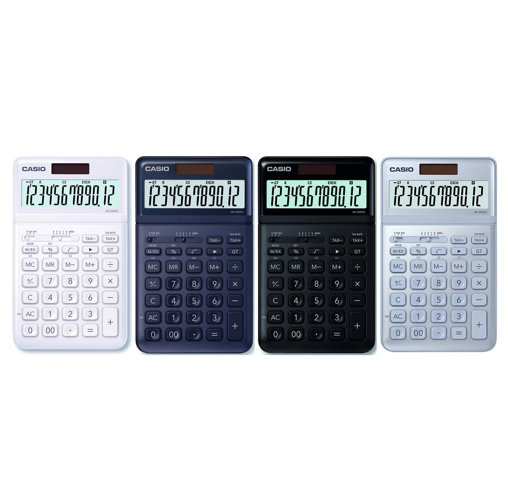 Casio JW-200SC Stylish 12-Digit Desk Calculator Metal Faceplate Adjustable Tilt Solar & Battery Currency Exchange Tax GT
