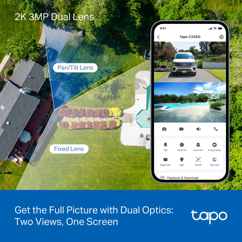 Tapo C246D Indoor/Outdoor Dual Lens Pan/Tilt Security Camera – 2K Smart AI Camera with Wide + Telephoto Lens, 360° Coverage & Night Vision