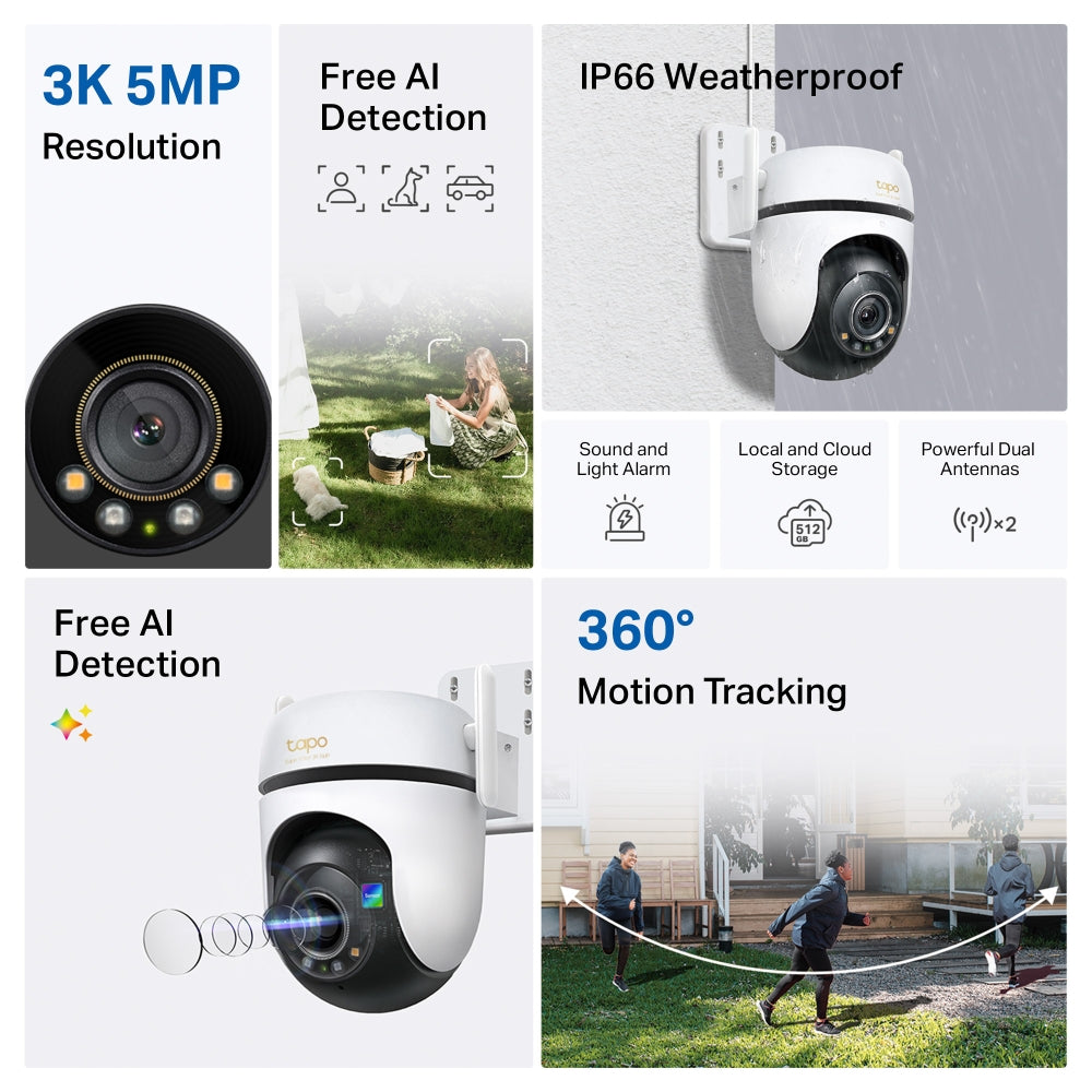 Tapo C530WS Outdoor Pan/Tilt Security Wi-Fi Camera – 3K Smart 5MP 360° AI Surveillance Camera with Color Night Vision