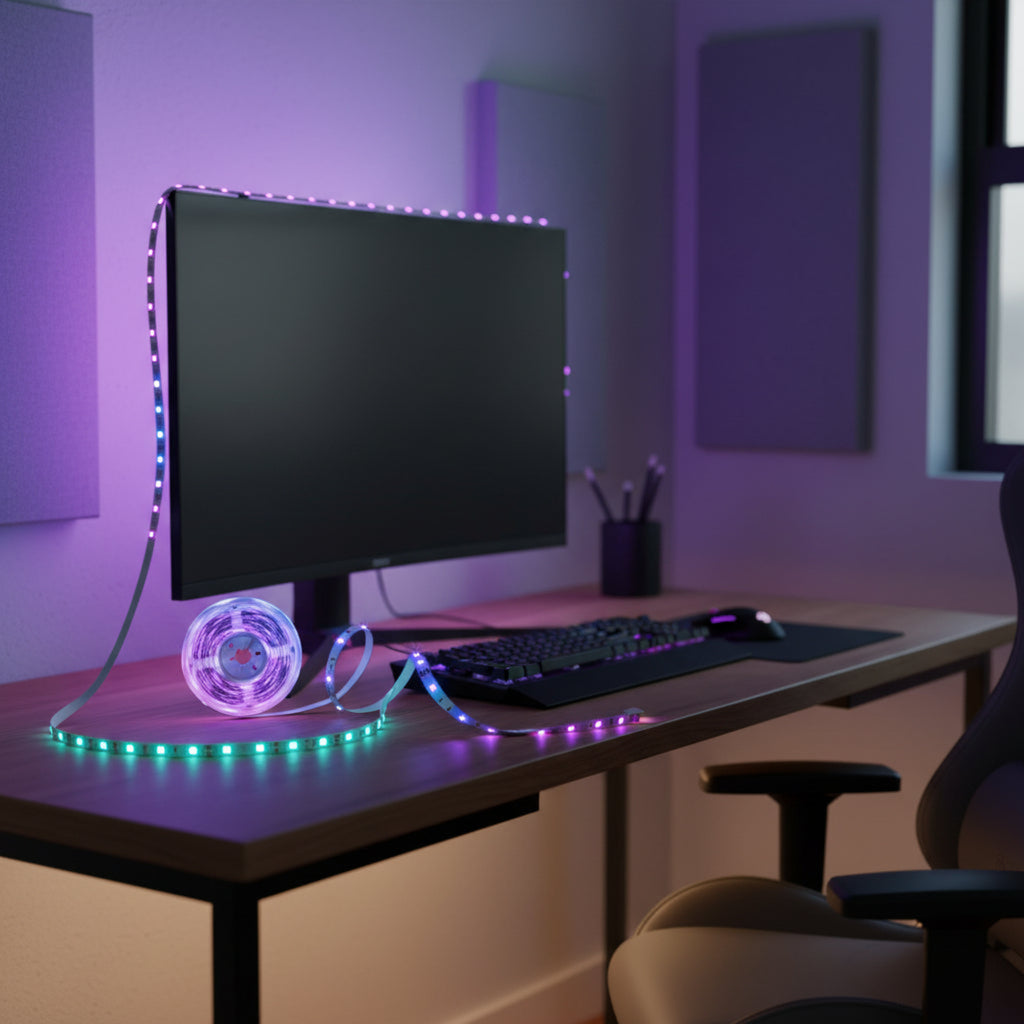 Tapo L900 WiFi light strip creating colorful ambient bedroom lighting