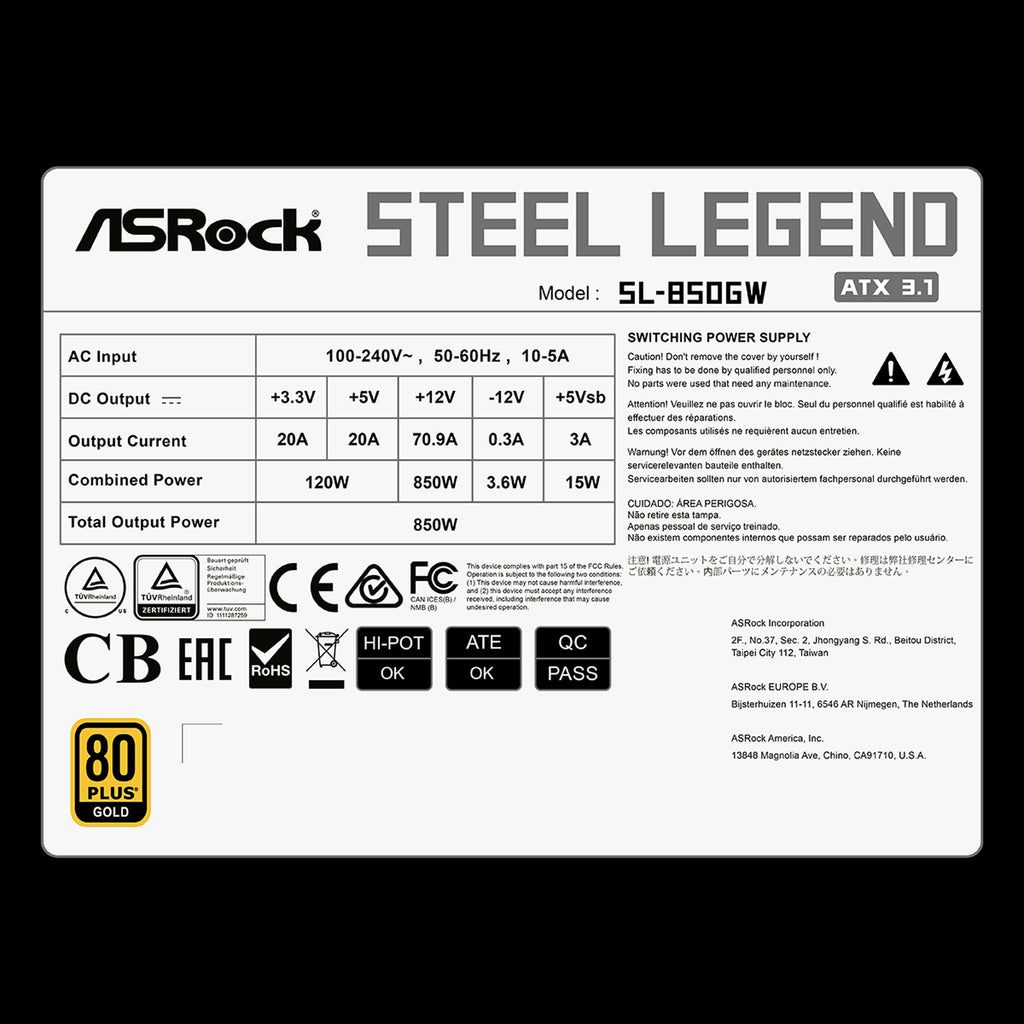 ASRock Steel Legend SL-850GW 850W 80+ Gold & Cybenetics Platinum Full Modular Power Supply