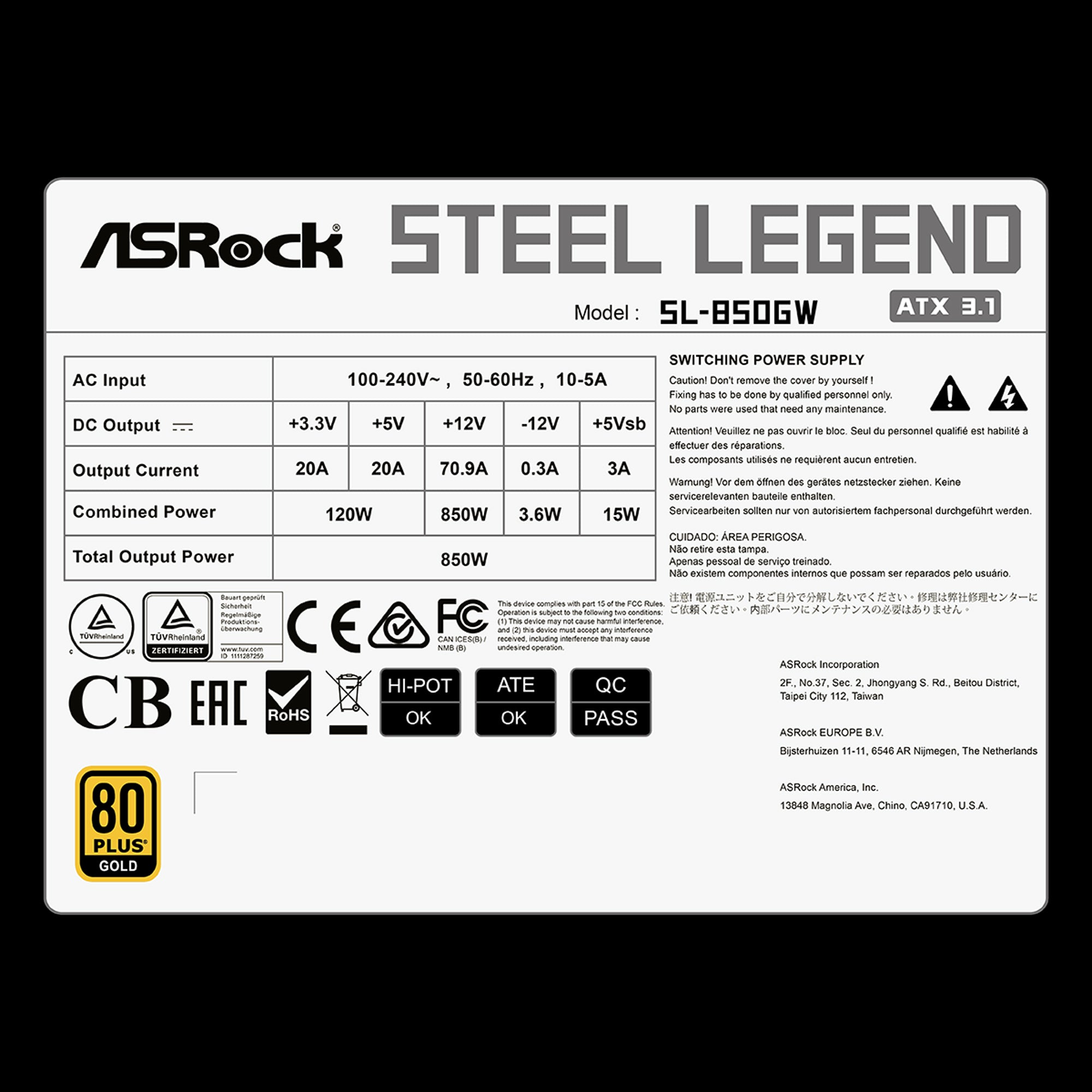 ASRock Steel Legend SL-850GW 850W 80+ Gold & Cybenetics Platinum Full Modular Power Supply