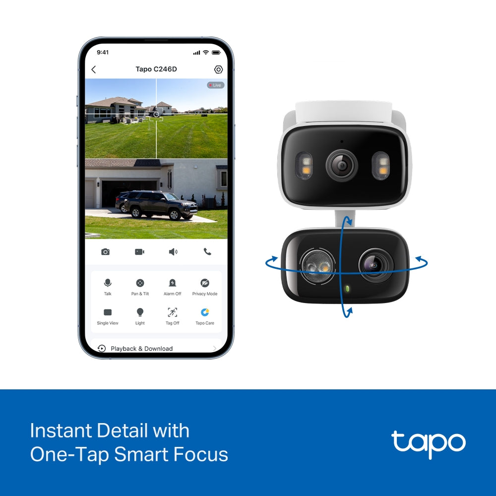 Tapo C246D Indoor/Outdoor Dual Lens Pan/Tilt Security Camera – 2K Smart AI Camera with Wide + Telephoto Lens, 360° Coverage & Night Vision