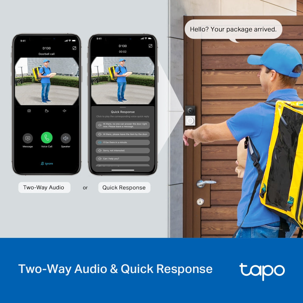 Tapo D130 Smart Wired Video Doorbell – 2K 5MP Ultra-Wide 180° View Door Camera with Color Night Vision, AI Detection & IP65 Weatherproof Design