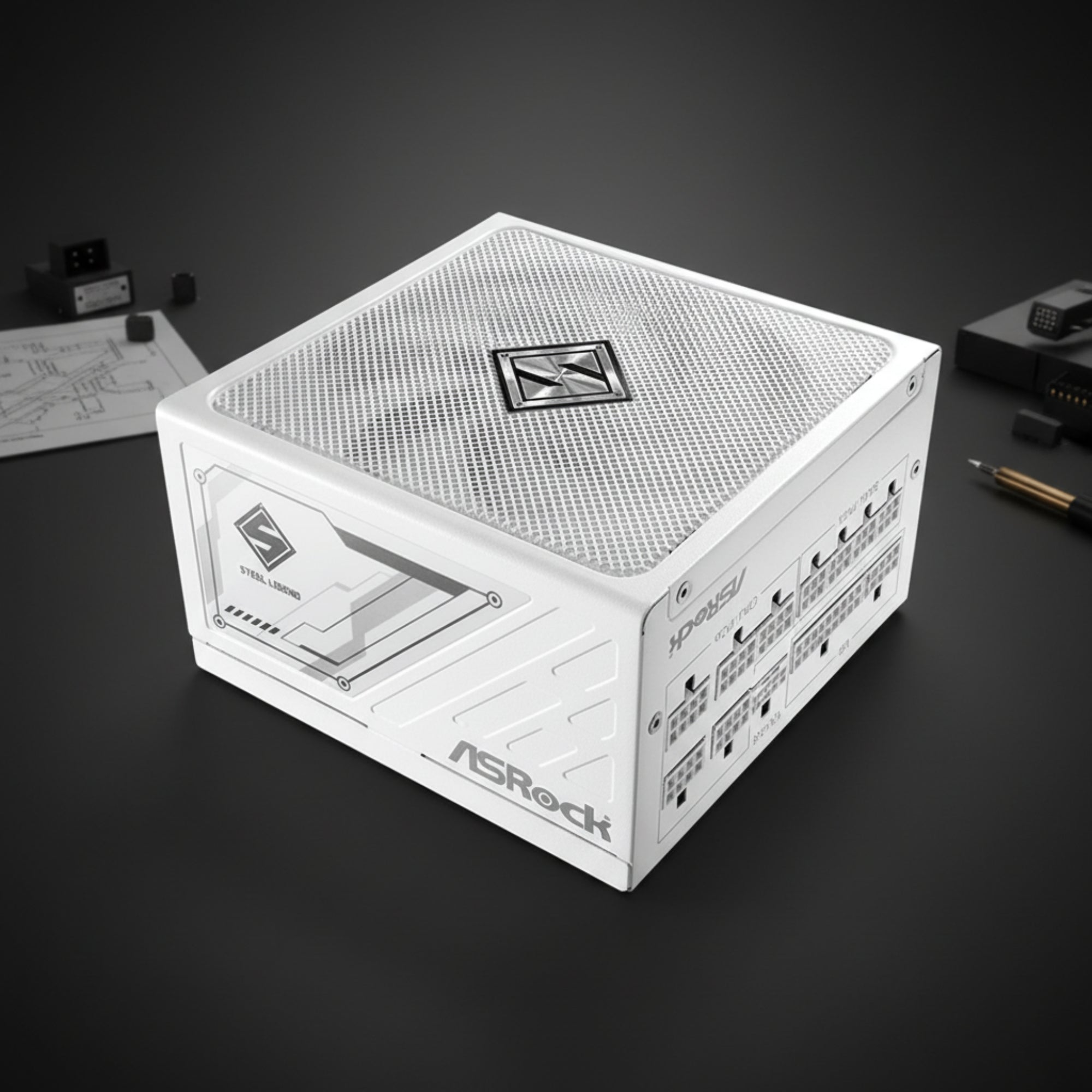 ASRock SL-850GW power supply unit Steel Legend design studio shot