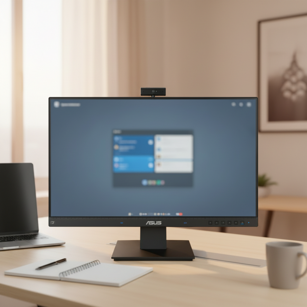 ASUS BE24EQK monitor shown in a home office video conferencing setup for remote work.