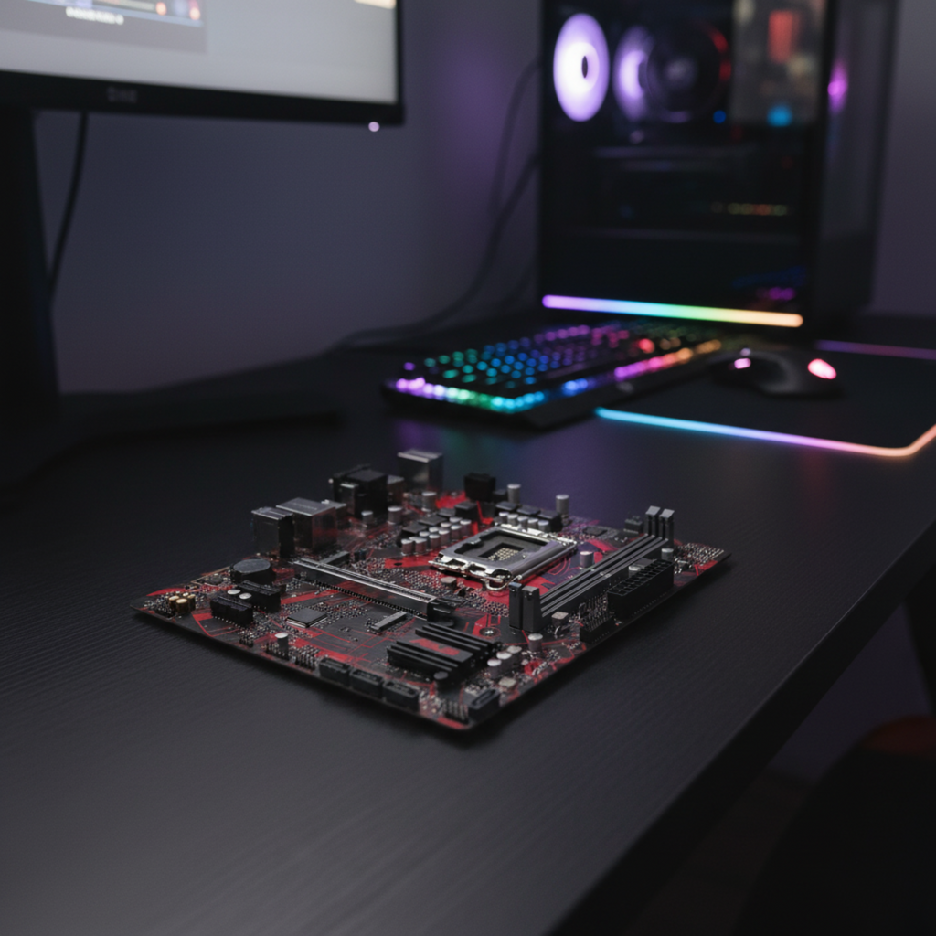 ASUS EX-B760M-V5 D4 motherboard shown in an office desktop setup designed for productivity and business use.