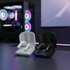 ASUS ROG Cetra True Wireless earbuds in charging case on a gaming desk with RGB gaming setup background.

Black White