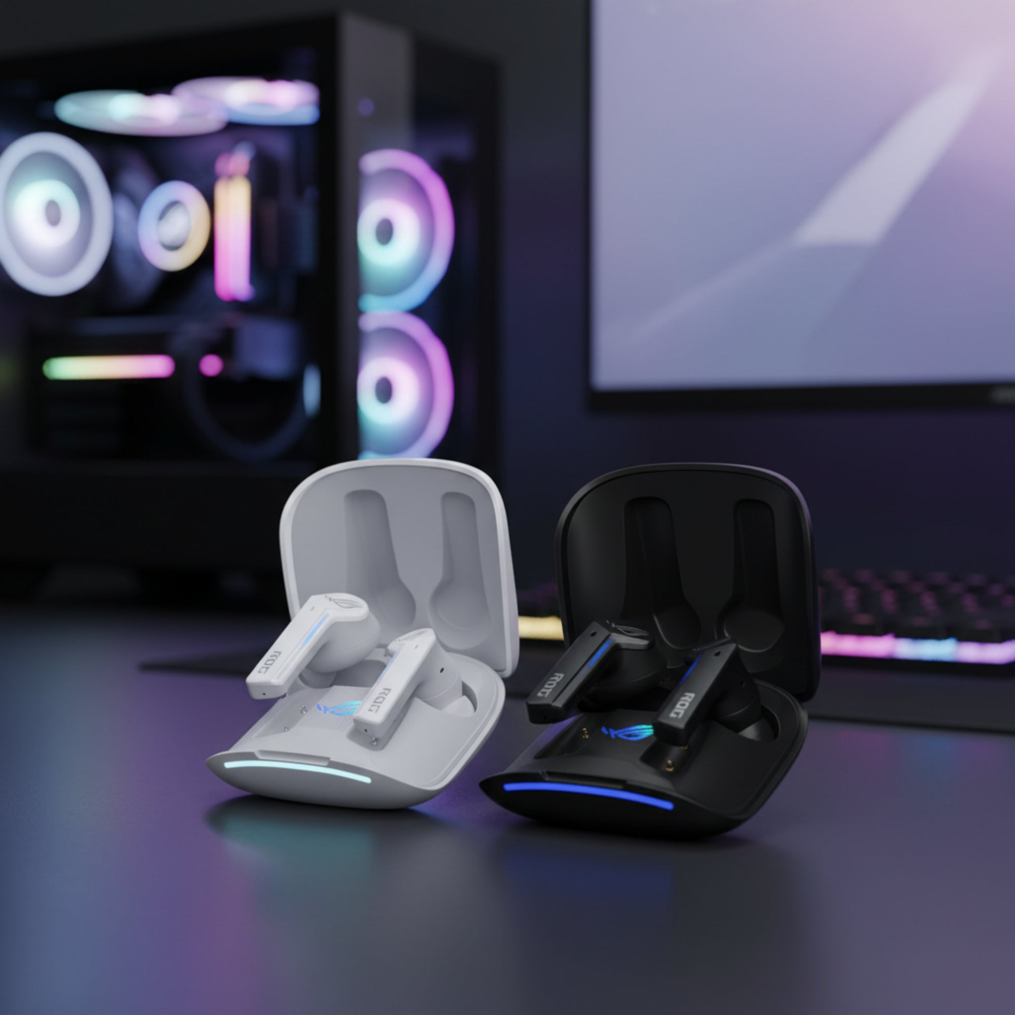 ASUS ROG Cetra True Wireless earbuds in charging case on a gaming desk with RGB gaming setup background.

Black White