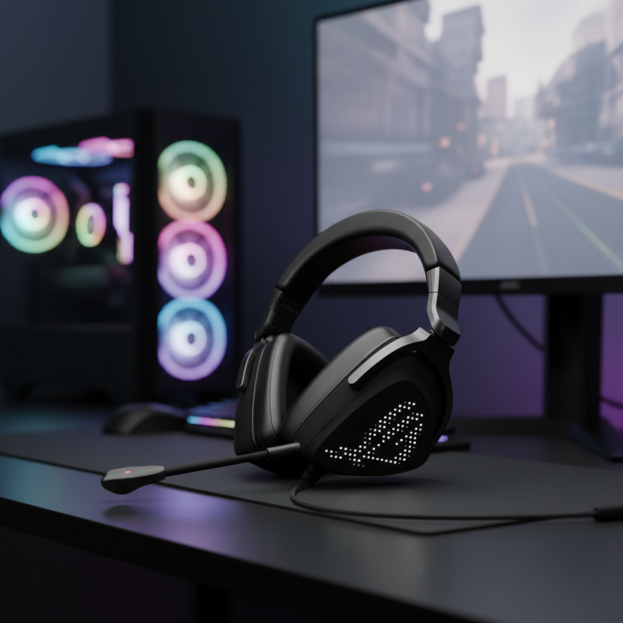 ASUS ROG Delta S Animate gaming headset placed on a gaming desk with RGB-lit gaming room background.