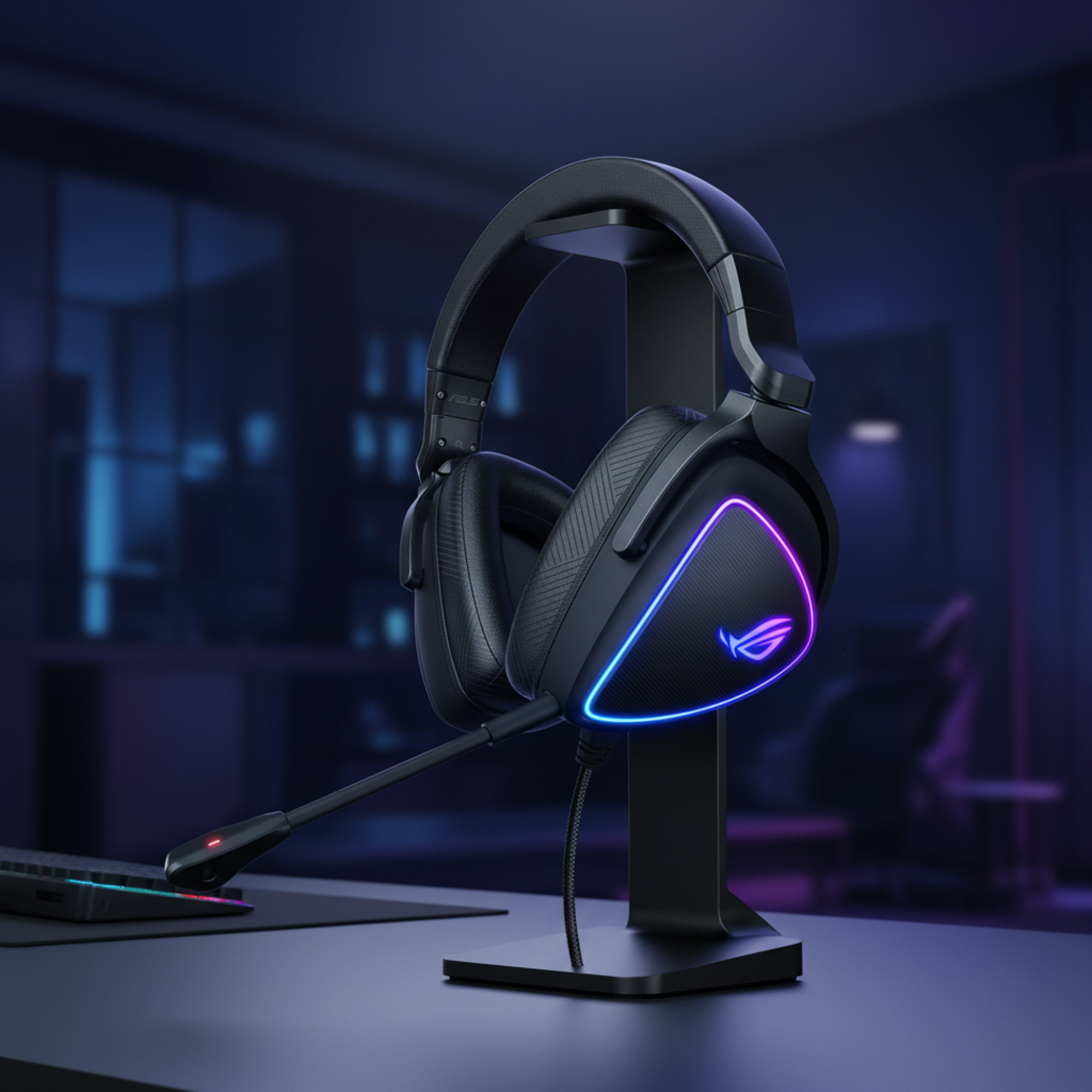 ASUS ROG Delta S RGB gaming headset displayed on a premium headphone stand in a modern gaming room.
