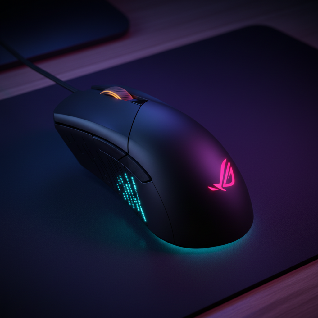 ASUS ROG Gladius III mouse on a real desk in an evening gaming setup.