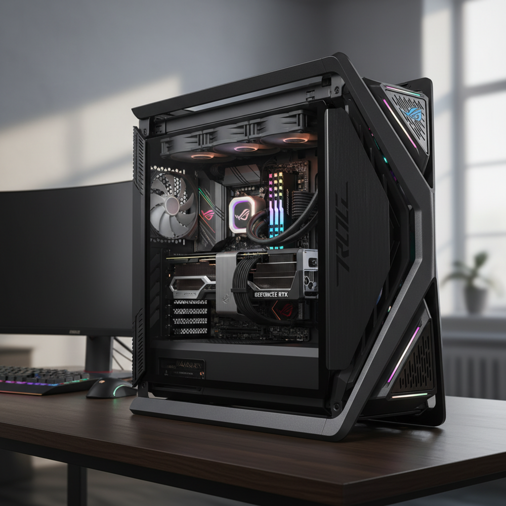 ASUS ROG Hyperion GR701 full tower PC case displayed in a real gaming build showing internal components and RGB lighting.
