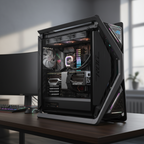 ASUS ROG Hyperion GR701 full tower PC case displayed in a real gaming build showing internal components and RGB lighting.