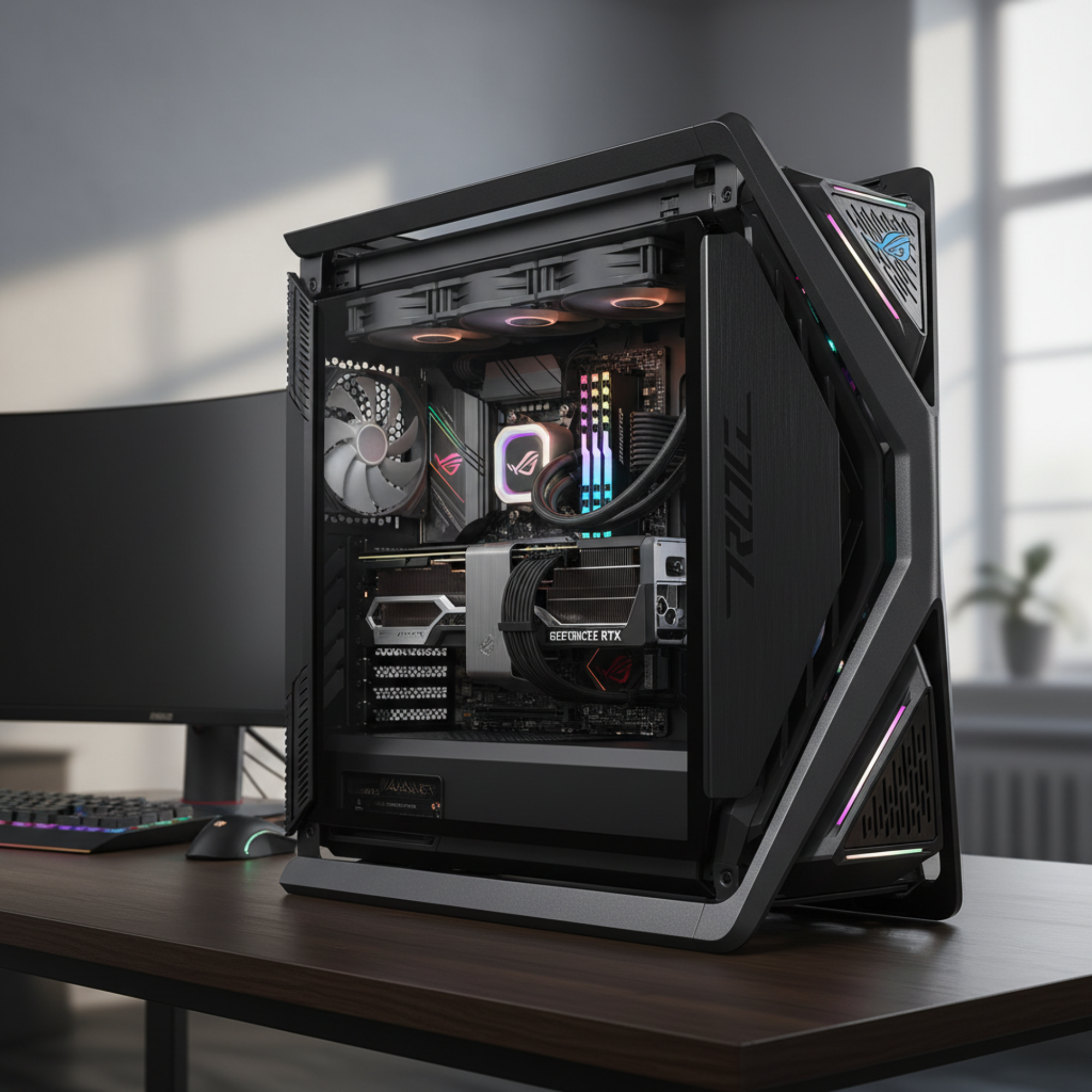 ASUS ROG Hyperion GR701 full tower PC case displayed in a real gaming build showing internal components and RGB lighting.