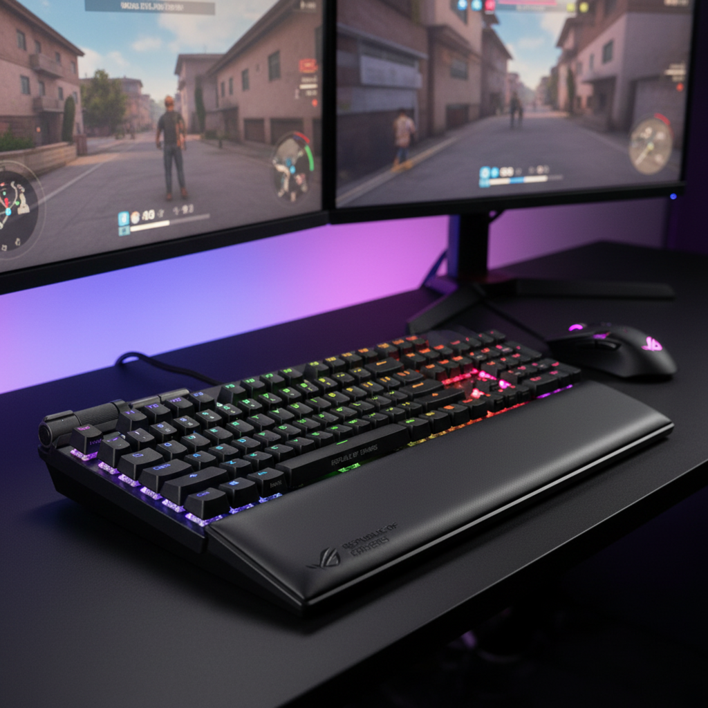 ASUS ROG Strix Flare II keyboard shown in a competitive esports gaming setup with dual monitors.

Blue Red