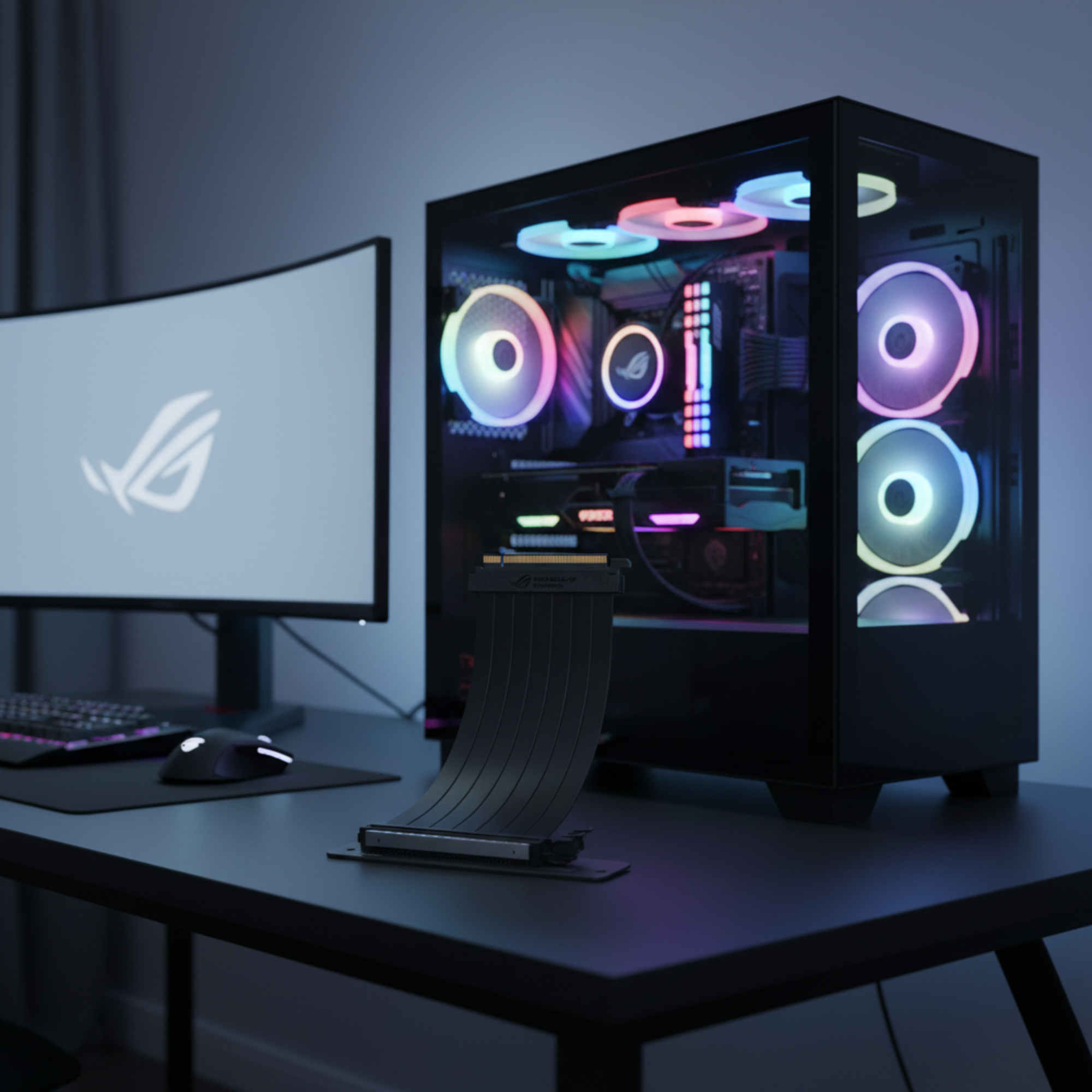 Gaming PC with vertical GPU mounted using a riser cable inside a RGB-lit case on a clean gaming desk.