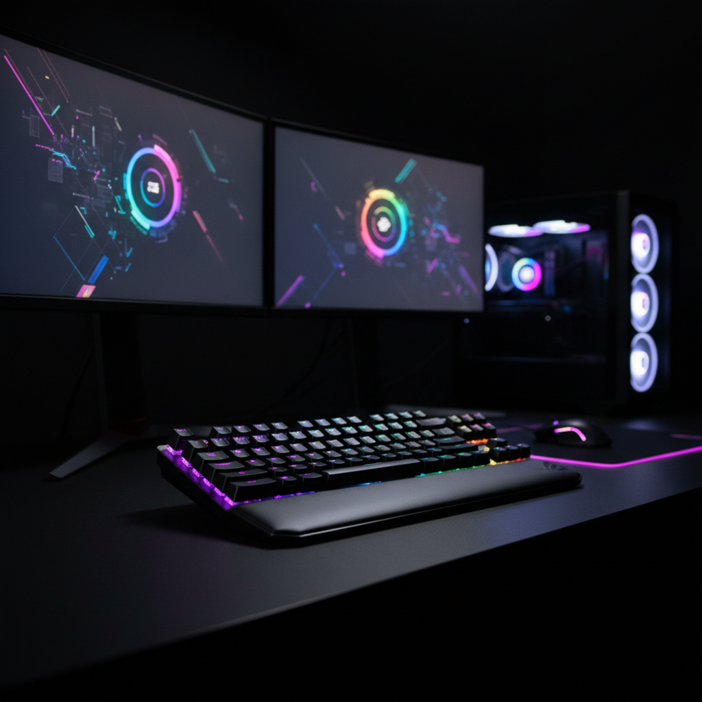 ASUS ROG Strix Scope TKL Deluxe mechanical keyboard on esports desk with blurred RGB tournament gaming setup