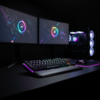 ASUS ROG Strix Scope TKL Deluxe mechanical keyboard on esports desk with blurred RGB tournament gaming setup