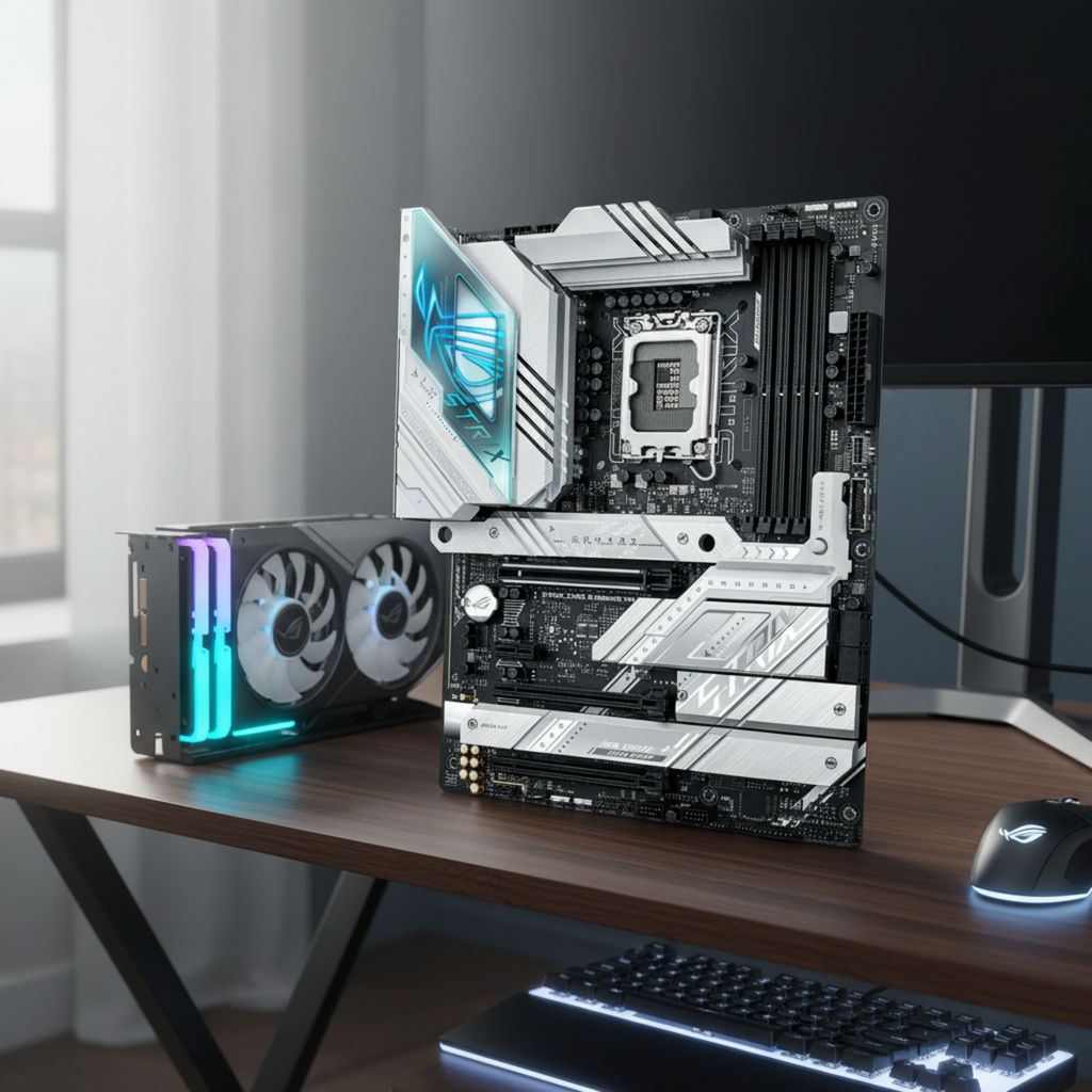 ASUS ROG Strix Z790-A motherboard shown in a realistic gaming desk environment with subtle RGB lighting.