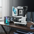 ASUS ROG Strix Z790-A motherboard shown in a realistic gaming desk environment with subtle RGB lighting.