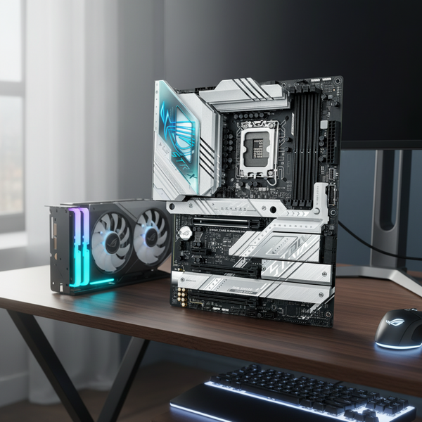 ASUS ROG Strix Z790-A motherboard shown in a realistic gaming desk environment with subtle RGB lighting.