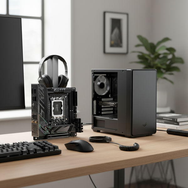 ASUS ROG Strix Z790-I motherboard placed on a clean modern desk in a realistic workspace lighting environment.