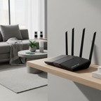ASUS RT-AX57 AX3000 WiFi 6 dual band router with Gigabit ports and AiMesh support shown in a modern home setup providing fast and stable wireless internet connectivity.