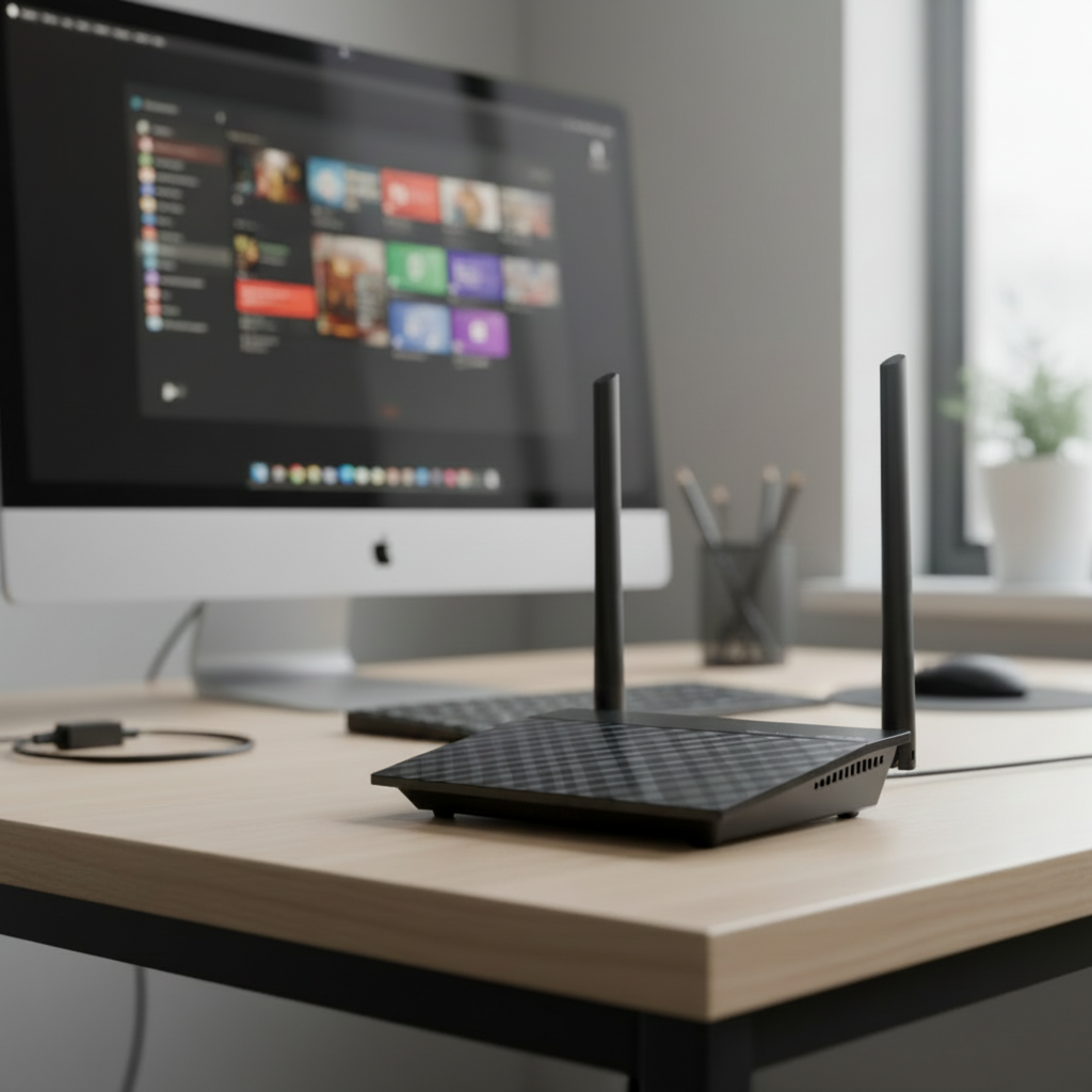 ASUS WiFi router placed on a desk in sharp focus with a blurred workstation background.