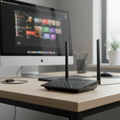 ASUS WiFi router placed on a desk in sharp focus with a blurred workstation background.