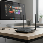 ASUS WiFi router placed on a desk in sharp focus with a blurred workstation background.