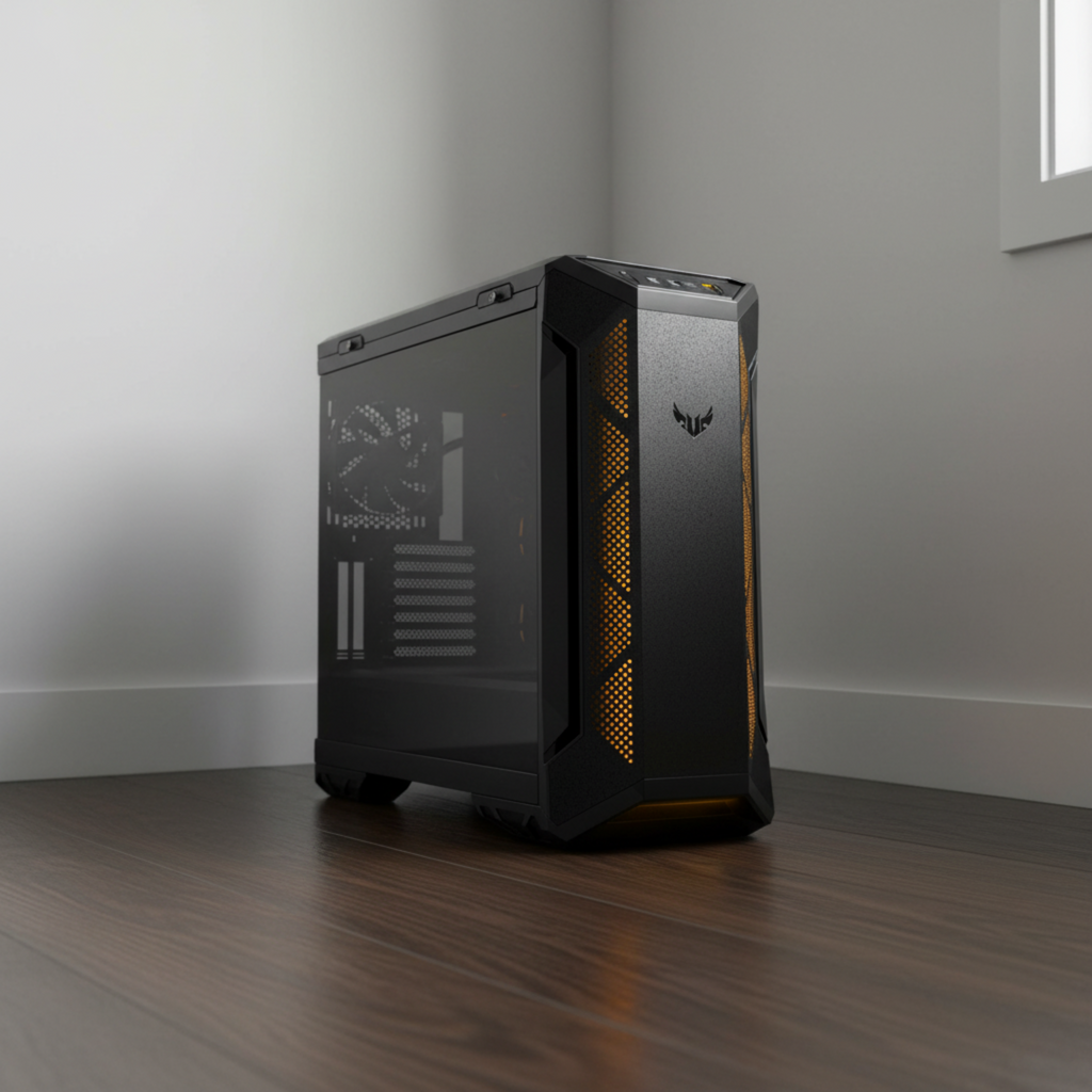ASUS TUF GT501 gaming case placed in a clean corner of a real room.