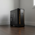 ASUS TUF GT501 gaming case placed in a clean corner of a real room.