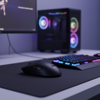 ASUS TUF Gaming M4 Wireless gaming mouse positioned on a gaming desk with a cable-free RGB gaming setup in the background.
