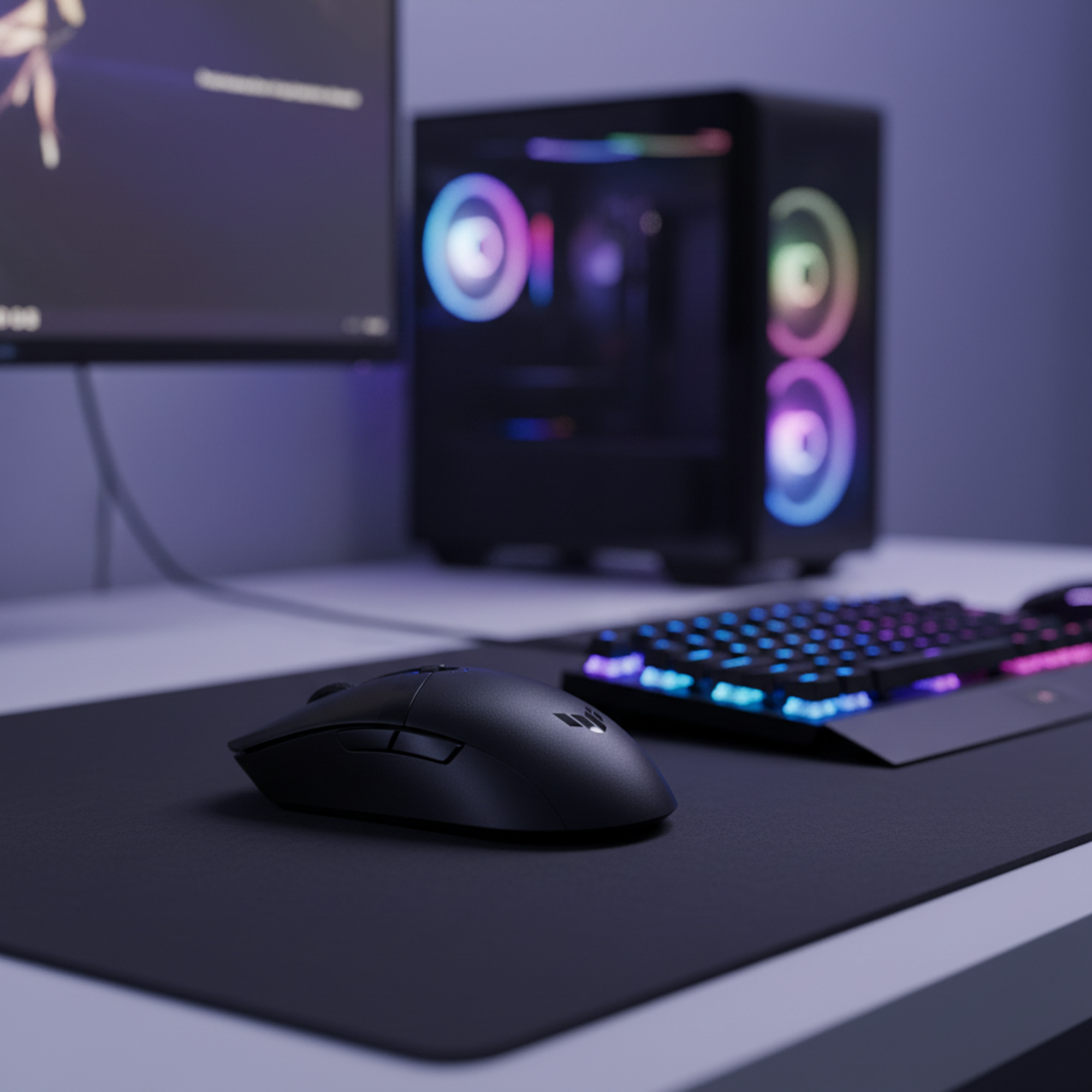 ASUS TUF Gaming M4 Wireless gaming mouse positioned on a gaming desk with a cable-free RGB gaming setup in the background.