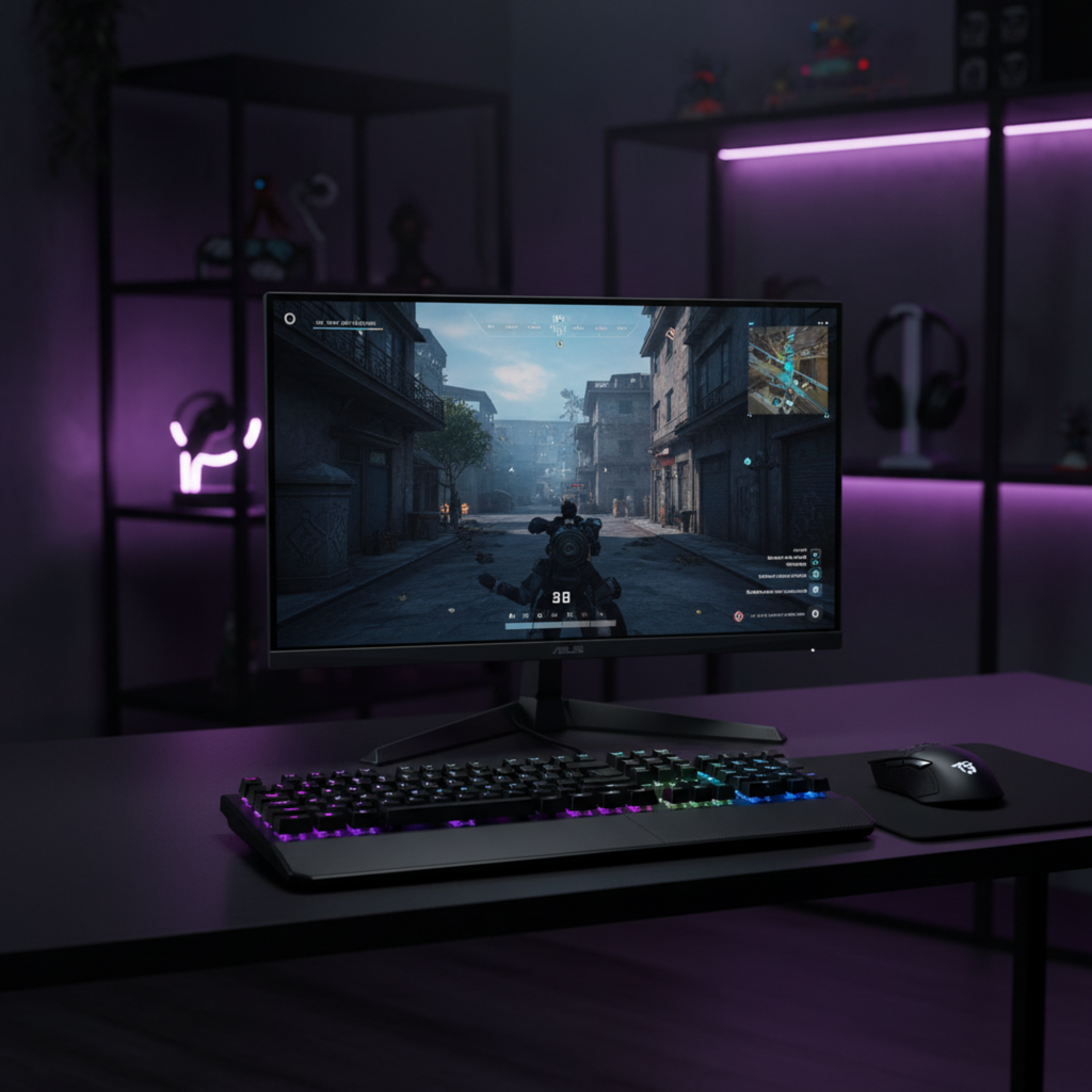 ASUS TUF Gaming VG259Q3A 24.5 inch Full HD IPS gaming monitor with 180Hz refresh rate, 1ms response time and Adaptive-Sync technology displayed in a modern gaming desk setup.