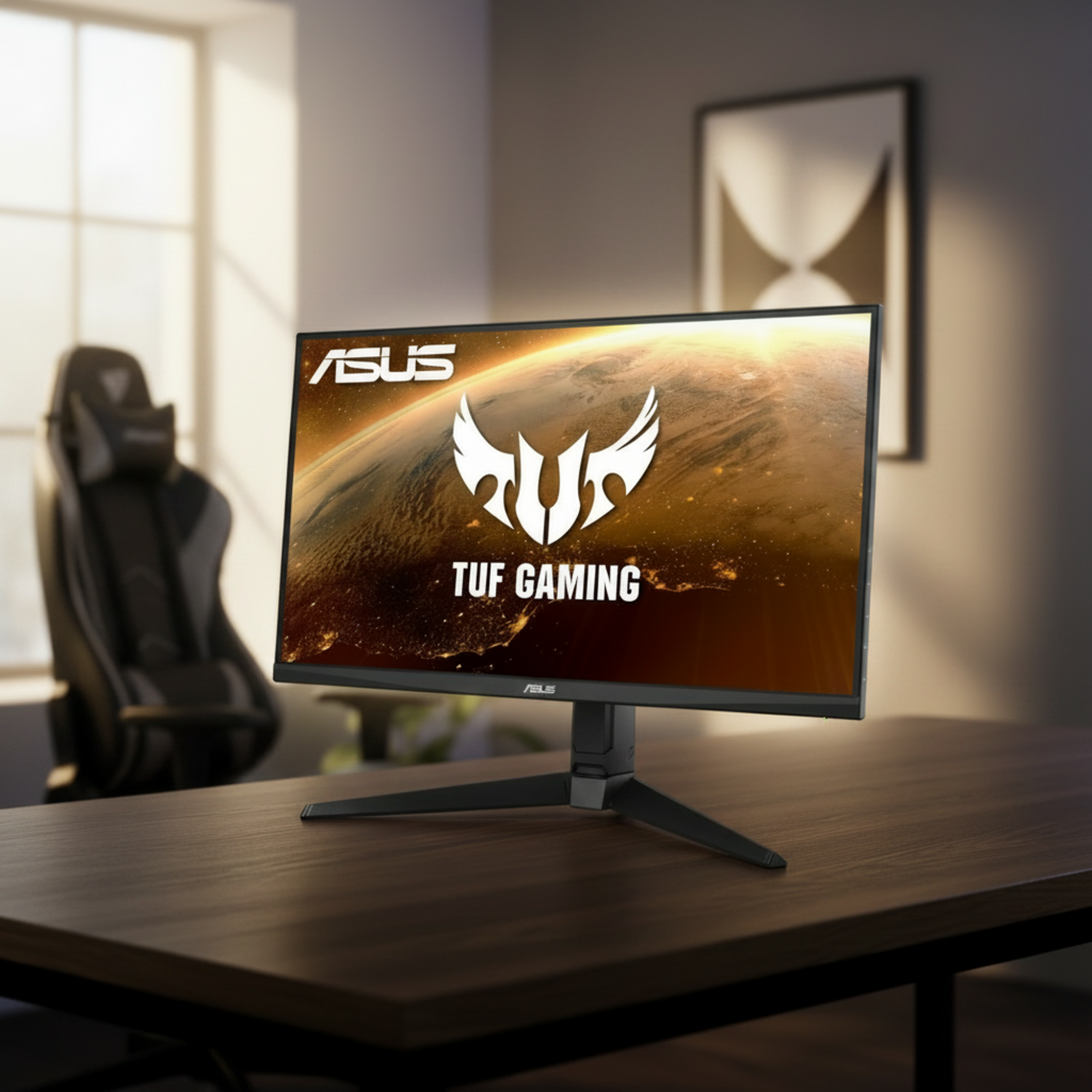 ASUS TUF VG279QL1A monitor in a real evening gaming desk setup.