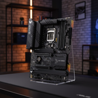 ASUS TUF Gaming Z590-PLUS WiFi motherboard standing upright on a premium gaming desk with an industrial RGB gaming room background.
