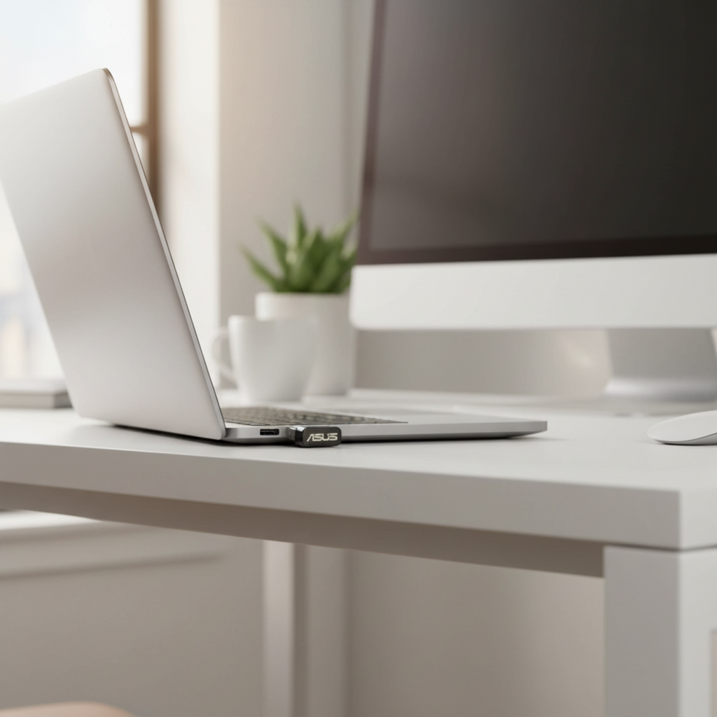 ASUS USB-AC53 Nano AC1200 WiFi adapter plugged into laptop in modern home office desk setup with blurred background