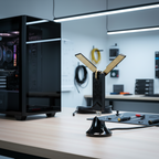 ASUS USB-AX56 USB WiFi adapter placed beside a desktop PC in a clean tech workstation environment.